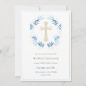 Invitation Élégant Or Bleu Première Communion Sainte (Devant)