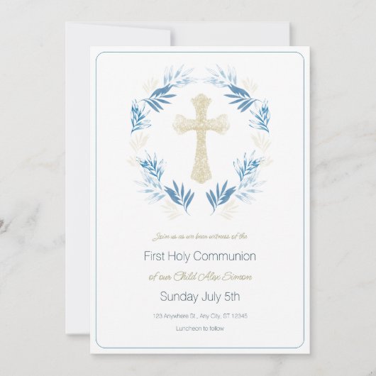 Invitation Élégant Or Bleu Première Communion Sainte (Devant)