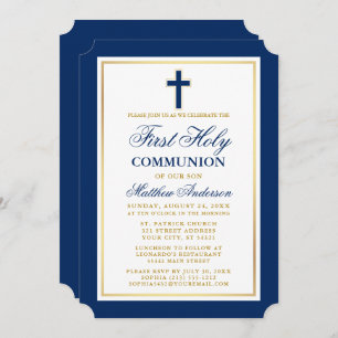Invitation Élégant Or Bleu Première Communion Sainte
