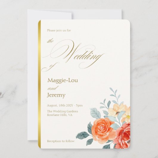 Invitation Élégant or Blush Floral Script Mariage (Devant)