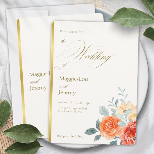 Invitation Élégant or Blush Floral Script Mariage