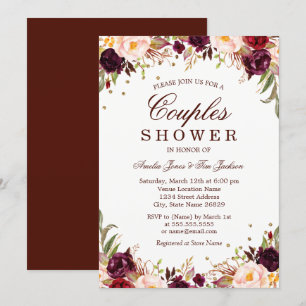 Invitation Elégant Or Bourgogne Floral Couples Douche