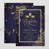 Invitation Élégant or Chalice dentelle marine Baptême bleu (Devant / Derrière)