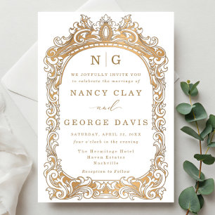 Invitation Élégant or classique Vintage cadre Monogramme