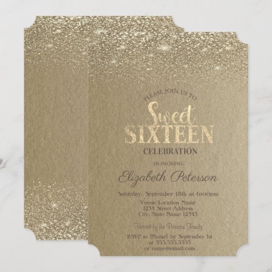 Invitation Élégant or Confetti Diamants Kraft Sweet 16 (Devant / Derrière)