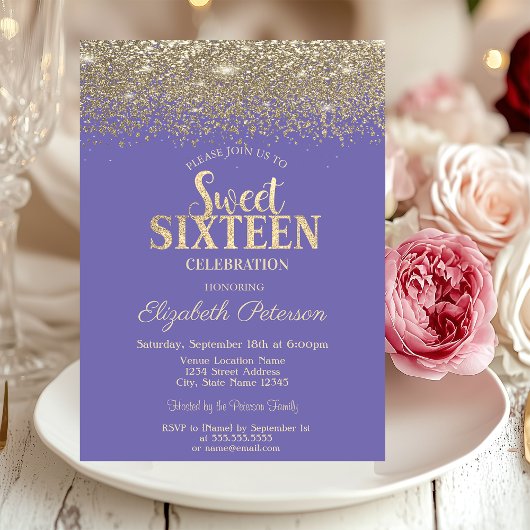 Invitation Elégant or Confetti Diamants Lavander Sweet 16