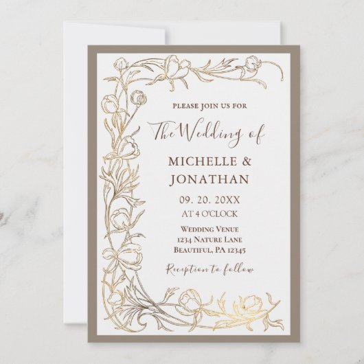 Invitation Elégant or Delicate Fleurs Mariage chrétien (Devant)