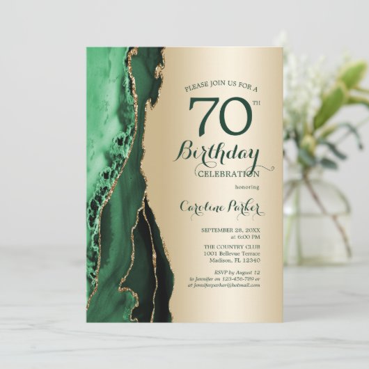Invitation Elégant Or Emerald Green Agate 70e anniversaire (Debout devant)