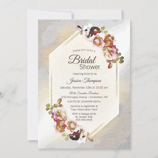 Invitation Elégant or et argent Aquarelle Floral (Devant)