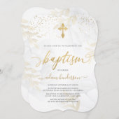 Invitation Élégant or et blanc floral Baptême (Devant / Derrière)