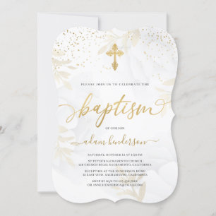 Invitation Élégant or et blanc floral Baptême