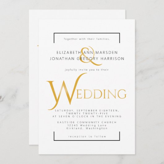 Invitation Élégant Or et écriture noire Mariage religieux (Devant / Derrière)