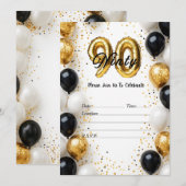 Invitation Elégant or et noir ballon 90e anniversaire Invitat (Devant / Derrière)