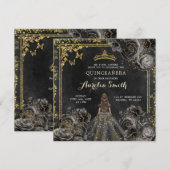 Invitation Élégant Or et Roses Noires Princesse Quinceañera (Devant / Derrière)