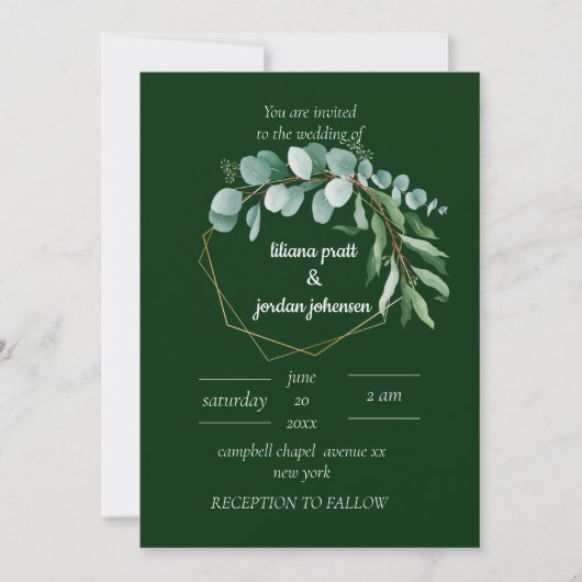 Invitation Elégant or et vert émeraude mariage Eucalyptus (Devant)