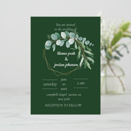 Invitation Elégant or et vert émeraude mariage Eucalyptus (Debout devant)