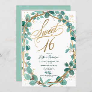 Invitation Élégant or eucalyptus feuille script photo doux 16