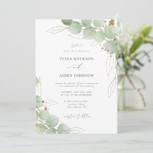 Invitation Elégant or Eucalyptus Mariage de verdure (Debout devant)