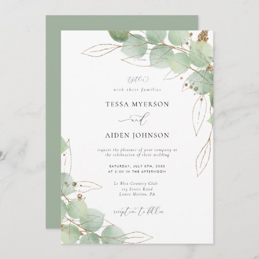 Invitation Elégant or Eucalyptus Mariage de verdure (Devant / Derrière)