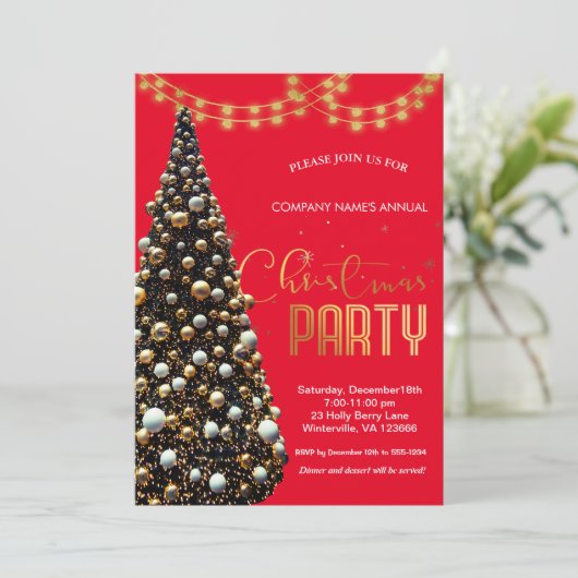 Invitation Elégant or festif sapin de Noël, rouge (Debout devant)