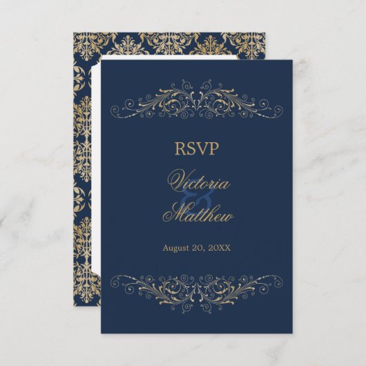 Invitation Elégant or fleurit Damask Navy bleu RSVP (Devant / Derrière)