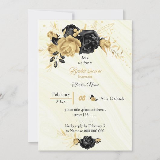 Invitation élégant or & fleurs noires douche nuptiale (Devant)