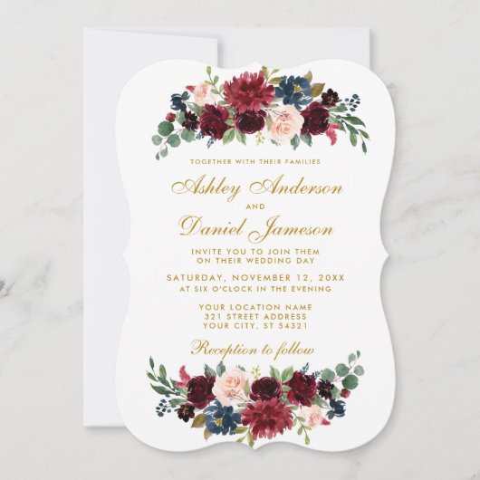 Invitation Elégant or Floral bleu Bourgogne Mariage BR (Devant)