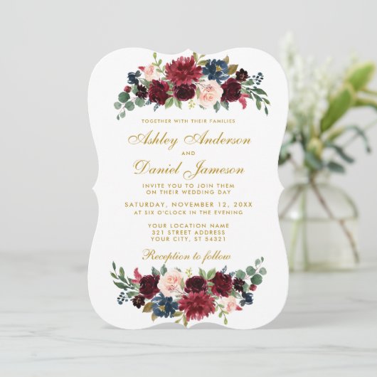 Invitation Elégant or Floral bleu Bourgogne Mariage BR (Debout devant)