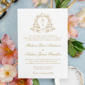 Invitation Élégant or Floral Crest Monogram Mariage