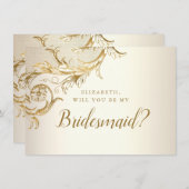 Invitation Élégant or Floral Damask Script Bridesmaid (Devant / Derrière)