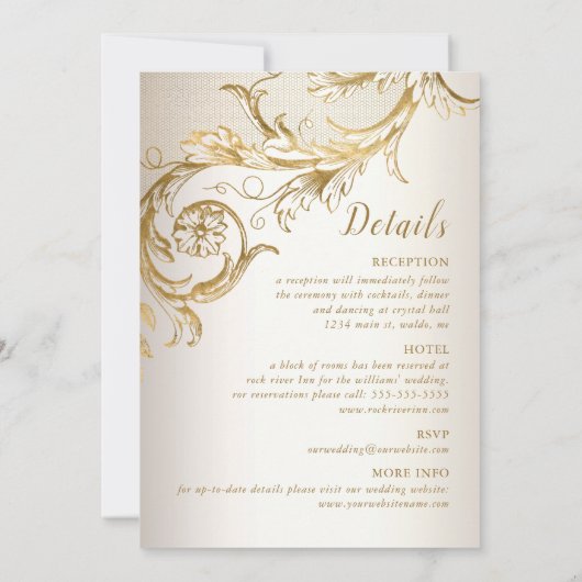 Invitation Élégant or floral Damask tout en un Mariage RSVP (Dos)