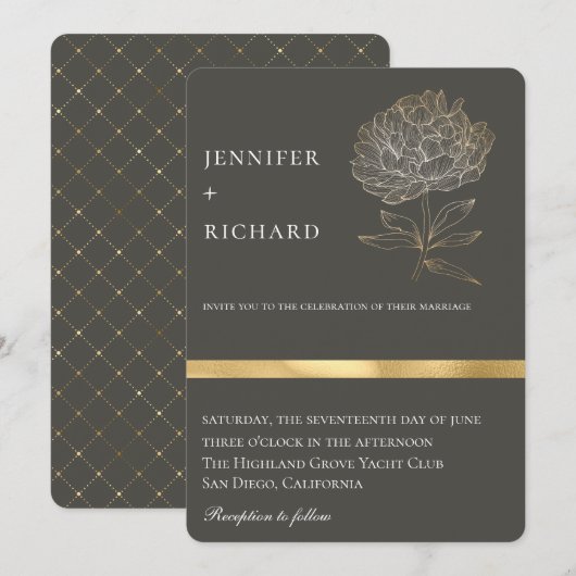 Invitation Elégant or Floral Mariage de gris botanique (Devant / Derrière)