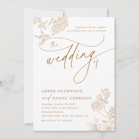 Invitation Élégant or Floral Mariage de script moderne (Devant)