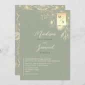 Invitation Élégant or Floral Sage Mariage vert (Devant / Derrière)