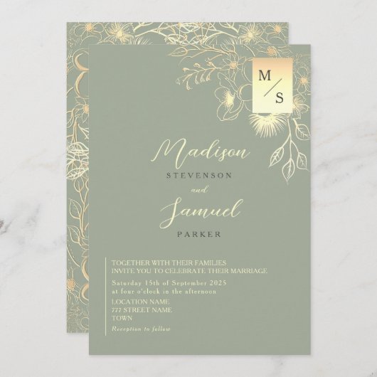 Invitation Élégant or Floral Sage Mariage vert (Devant / Derrière)