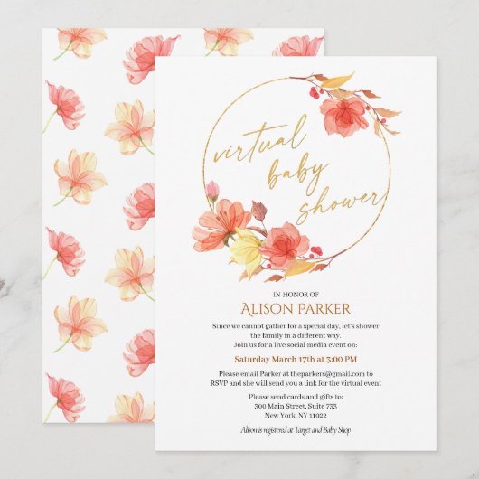 Invitation Elégant or floral Script aquarelle virtuelle (Devant / Derrière)