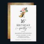 Invitation Élégant or floral talons hauts 16e anniversaire<br><div class="desc">Moderne Elegant Gold Tropical Floral Gold High Heels Sweet sixteen 16e Anniversaire Invitation de fête mettant en vedette notre glamour aquarelle brillant talon d'or haut entouré de fleurs tropicales roses et vertes. L'arrière - plan est un luxueux lave-or aquarelle. Facile à customiser avec vos informations pour une simple invitation de...</div>