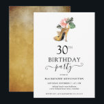 Invitation Élégant or floral talons hauts 30e anniversaire<br><div class="desc">Moderne Elegant Gold Tropical Floral Gold High Heels 30th Birthday Party Invitation mettant en vedette notre glamour aquarelle brillant talon d'or haut entouré de fleurs tropicales roses et vertes. L'arrière - plan est un luxueux lave-or aquarelle. Facile à customiser avec vos informations pour une simple invitation de fête d'anniversaire élégante....</div>