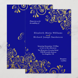 Invitation Elégant or floral torse Mariage bleu marine