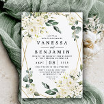 Invitation Elégant or Géométrique Flore Mariage<br><div class="desc">Le design présente un élégant cadre géométrique imprimé de couleur or décoré de fleurs d'aquarelle dans des tons neutres, comme - blanc, ivoire, champagne, et plus. Les éléments floraux se composent de roses, de pivoines, d'hydrangée et de souffle de bébé. Cette modèle moderne présente également une verdure mêlée, des eucalyptus,...</div>