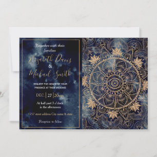 Invitation Elégant or Mandala Oeil Soleil Lune Marine Bleu