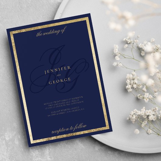 Invitation Élégant or marine bleu monogramme parties mariage