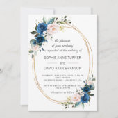 Invitation Elégant or Marine bleu rose Fleurs Mariage de fleu (Devant)