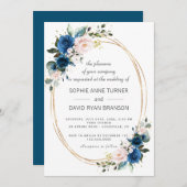 Invitation Elégant or Marine bleu rose Fleurs Mariage de fleu (Devant / Derrière)