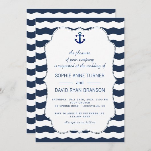 Invitation Elégant or Marine bleu rose Fleurs Mariage de fleu (Devant / Derrière)