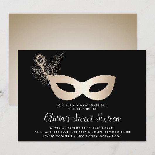 Invitation Elégant or Masquerade thème Sweet sixteen (Devant / Derrière)