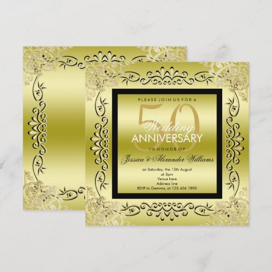 Invitation Élégant Or & Noir 50 ans de Mariage pour Femme (Devant / Derrière)