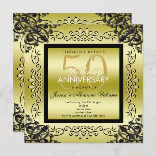 Invitation Élégant Or & Noir 50e Anniversaire de Mariage pour (Devant / Derrière)