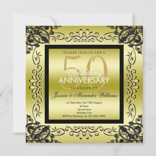 Invitation Élégant Or & Noir 50e Anniversaire de Mariage pour (Devant)