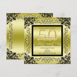 Invitation Elégant Or & Noir 50e Mariage de Femme